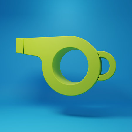 Green Whistle icon isolated on blue background. Referee symbol. Fitness and sport sign. Minimalism concept. 3D render illustration.の写真素材