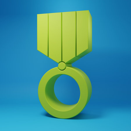 Green Medal icon isolated on blue background. Winner achievement sign. Award medal. Minimalism concept. 3D render illustration.の写真素材