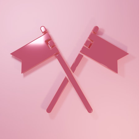 Pink Crossed medieval flag icon isolated on pink background. Country, state, or territory ruled by a king or queen. Minimalism concept. 3D render illustration.の写真素材