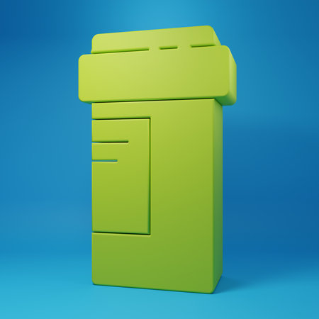 Green Medicine bottle icon isolated on blue background. Bottle pill sign. Pharmacy design. Minimalism concept. 3D render illustration.の写真素材