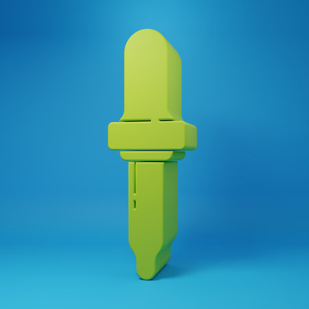 Green Pipette icon isolated on blue background. Element of medical, chemistry lab equipment. Pipette with drop. Medicine symbol. Minimalism concept. 3D render illustration.の写真素材