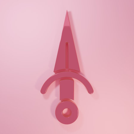 Pink Dagger icon isolated on pink background. Knife icon. Sword with sharp blade. Minimalism concept. 3D render illustration.の写真素材