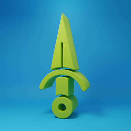 Green Dagger icon isolated on blue background. Knife icon. Sword with sharp blade. Minimalism concept. 3D render illustration.の写真素材