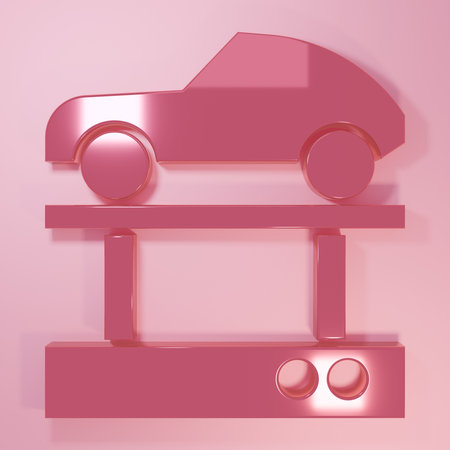 Pink Repair car on a lift icon isolated on pink background. Repair of the underbody, suspension, wheels and engine. Minimalism concept. 3D render illustration.の写真素材