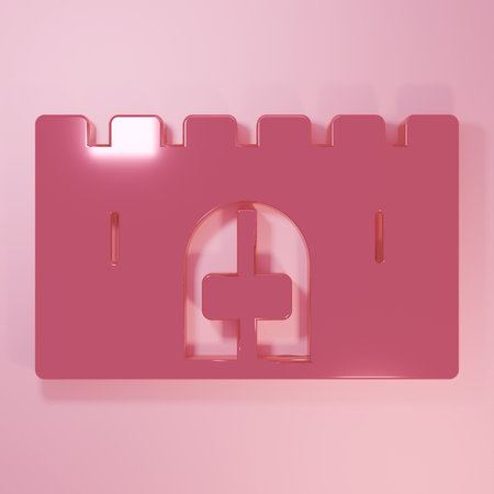 Pink Medieval castle gate in a stone wall icon isolated on pink background. Medieval fortress. Protection from enemies. Minimalism concept. 3D render illustration.の写真素材