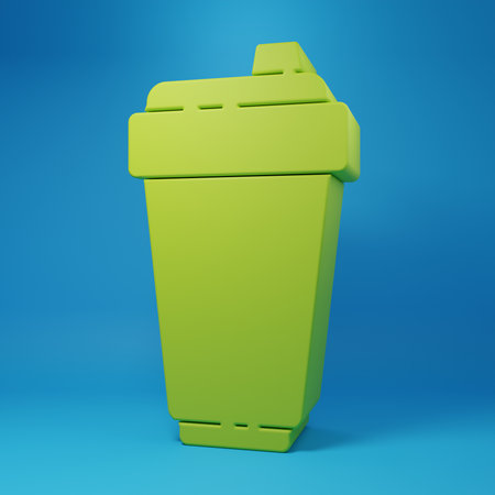 Green Fitness shaker icon isolated on blue background. Sports shaker bottle with lid for water and protein cocktails. Minimalism concept. 3D render illustration.の写真素材