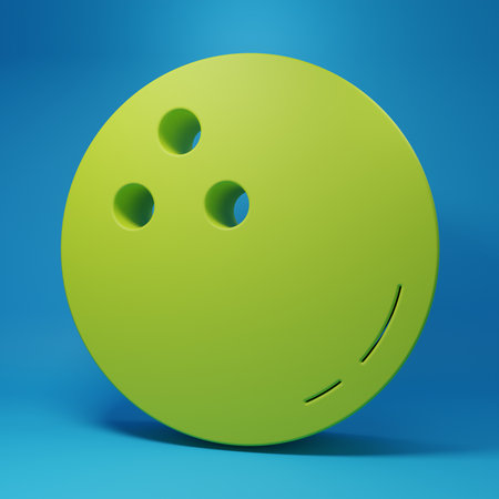 Green Bowling ball icon isolated on blue background. Sport equipment. Minimalism concept. 3D render illustration.の写真素材