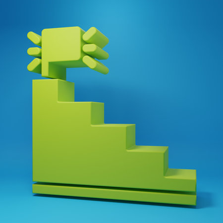 Green Stair with finish flag icon isolated on blue background. Career growth business concept. Concept of business development. Minimalism concept. 3D render illustration.の写真素材
