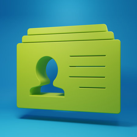 Green Resume icon isolated on blue background. CV application. Searching professional staff. Analyzing personnel resume. Minimalism concept. 3D render illustration.の写真素材
