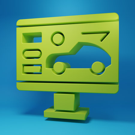 Green Hardware diagnostics condition of car icon isolated on blue background. Car service and repair parts. Minimalism concept. 3D render illustration.の写真素材