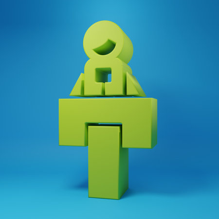 Green Stage stand or debate podium rostrum icon isolated on blue background. Conference speech tribune. Minimalism concept. 3D render illustration.の写真素材