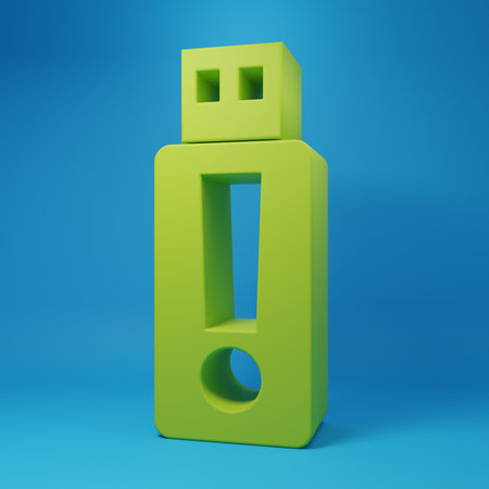 Green USB flash drive icon isolated on blue background. Minimalism concept. 3D render illustration.の写真素材