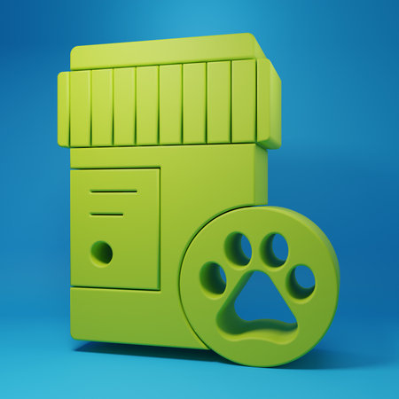 Green Dog medicine bottle icon isolated on blue background. Container with pills. Prescription medicine for animals. Minimalism concept. 3D render illustration.の写真素材