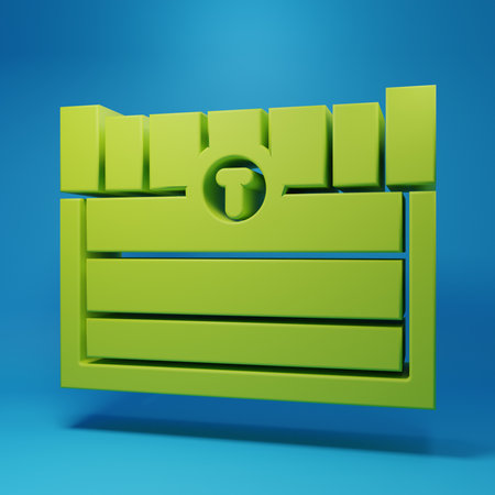 Green Antique treasure chest icon isolated on blue background. Vintage wooden chest with golden coin. Minimalism concept. 3D render illustration.の写真素材
