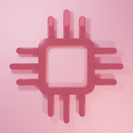 Pink Computer processor with microcircuits CPU icon isolated on pink background. Chip or cpu with...
