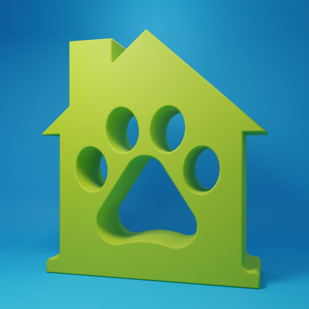 Green Pet house icon isolated on blue background. Minimalism concept. 3D render illustration.の写真素材