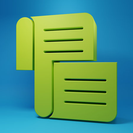 Green Decree, paper, parchment, scroll icon isolated on blue background. Minimalism concept. 3D render illustration.の写真素材