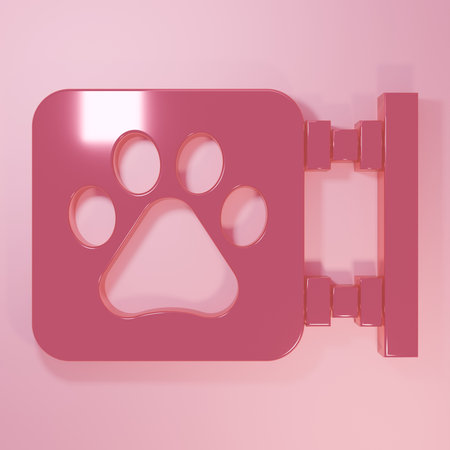Pink Veterinary clinic symbol icon isolated on pink background. Cross hospital sign. A stylized paw print dog or cat. Pet First Aid sign. Minimalism concept. 3D render illustration.の写真素材