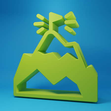 Green Mountains with flag on top icon isolated on blue background. Symbol of victory or success concept. Goal achievement. Minimalism concept. 3D render illustration.の写真素材