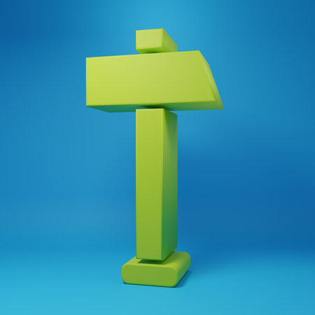 Green Hammer icon isolated on blue background. Tool for repair. Minimalism concept. 3D render illustration.の写真素材