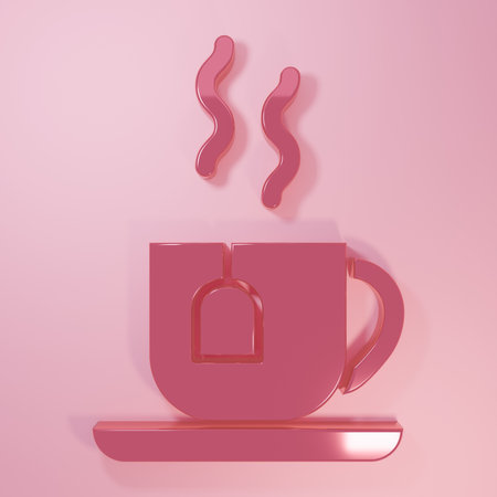 Pink Cup of tea with tea bag icon isolated on pink background. Minimalism concept. 3D render illustration.の写真素材
