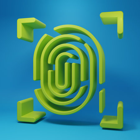 Green Fingerprint icon isolated on blue background. ID app icon. Identification sign. Touch id. Minimalism concept. 3D render illustration.の写真素材