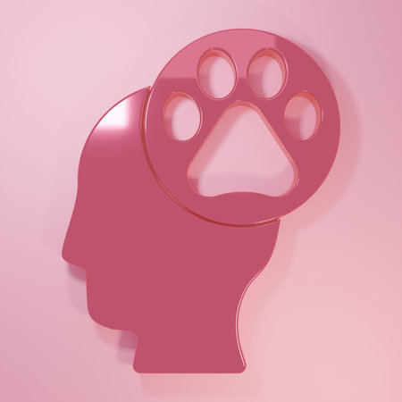Pink Human head with animals footprint icon isolated on pink background. Pet paw in heart. Love to the animals. Minimalism concept. 3D render illustration.の写真素材