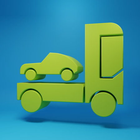 Green Car transporter truck for transportation of car icon isolated on blue background. Minimalism concept. 3D render illustration.の写真素材