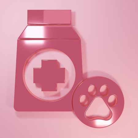 Pink Bag of food for dog icon isolated on pink background. Dog or cat paw print. Food for animals. Pet food package. Minimalism concept. 3D render illustration.の写真素材