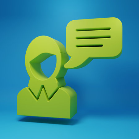Green Speech bubble chat icon isolated on blue background. Message icon. Communication or comment chat symbol. Minimalism concept. 3D render illustration.の写真素材