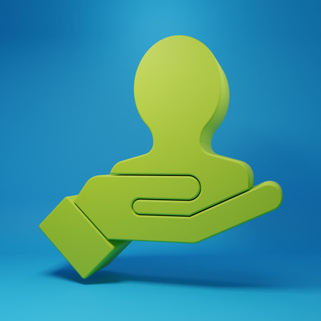 Green Hand for search a people icon isolated on blue background. Recruitment or selection concept. Search for employees and jobs. Minimalism concept. 3D render illustration.の写真素材