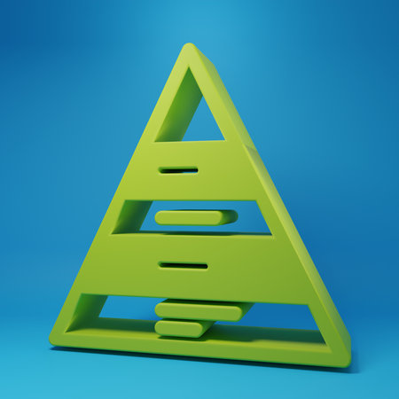 Green Business pyramid chart infographics icon isolated on blue background. Pyramidal stages graph elements. Minimalism concept. 3D render illustration.の写真素材