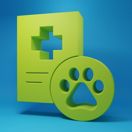 Green Clipboard with medical clinical record pet icon isolated on blue background. Health insurance form. Medical check marks report. Minimalism concept. 3D render illustration.の写真素材