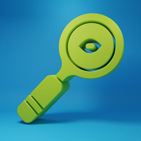 Green Magnifying glass icon isolated on blue background. Search, focus, zoom, business symbol. Minimalism concept. 3D render illustration.の写真素材