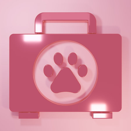 Pink Pet first aid kit icon isolated on pink background. Dog or cat paw print. Clinic box. Minimalism concept. 3D render illustration.の写真素材