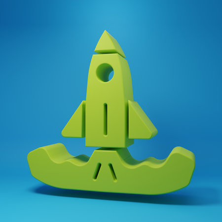 Green Rocket icon isolated on blue background. Minimalism concept. 3D render illustration.の写真素材