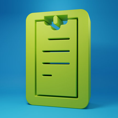 Green Clipboard with checklist icon isolated on blue background. Control list symbol. Survey poll or questionnaire feedback form. Minimalism concept. 3D render illustration.の写真素材