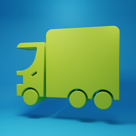 Green Delivery cargo truck vehicle icon isolated on blue background. Minimalism concept. 3D render illustration.の写真素材