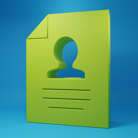 Green Resume icon isolated on blue background. CV application. Searching professional staff. Analyzing personnel resume. Minimalism concept. 3D render illustration.の写真素材