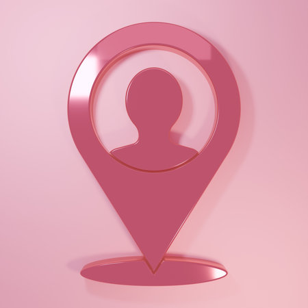 Pink Map marker with a silhouette of a person icon isolated on pink background. GPS location symbol. Minimalism concept. 3D render illustration.の写真素材