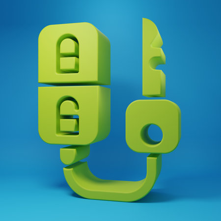 Green Car key with remote icon isolated on blue background. Car key and alarm system. Minimalism concept. 3D render illustration.の写真素材