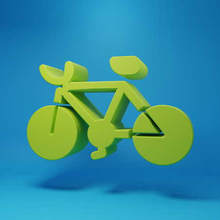 Green Bicycle icon isolated on blue background. Bike race. Extreme sport. Sport equipment. Minimalism concept. 3D render illustration.の写真素材