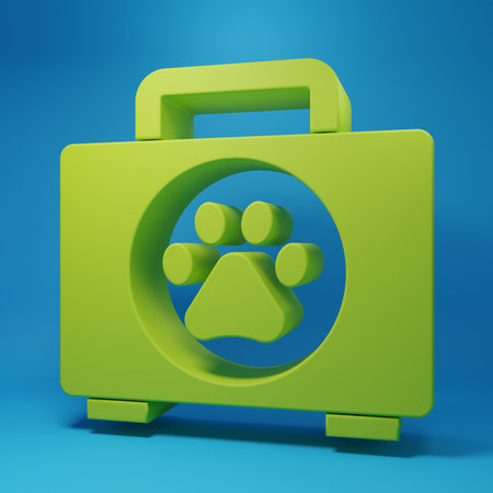 Green Pet first aid kit icon isolated on blue background. Dog or cat paw print. Clinic box. Minimalism concept. 3D render illustration.の写真素材