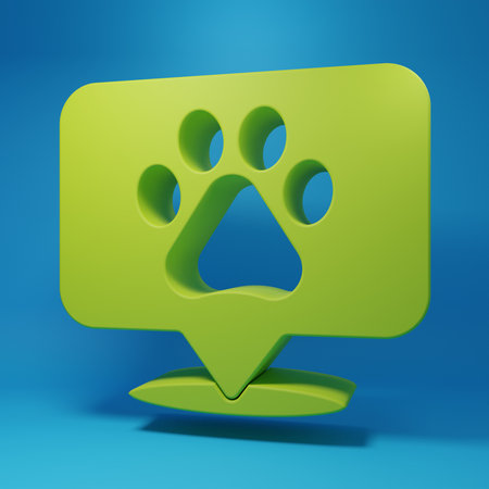 Green Map pointer with veterinary medicine hospital, clinic or pet shop for animals icon isolated on blue background. Vet or veterinarian clinic. Minimalism concept. 3D render illustration.の写真素材