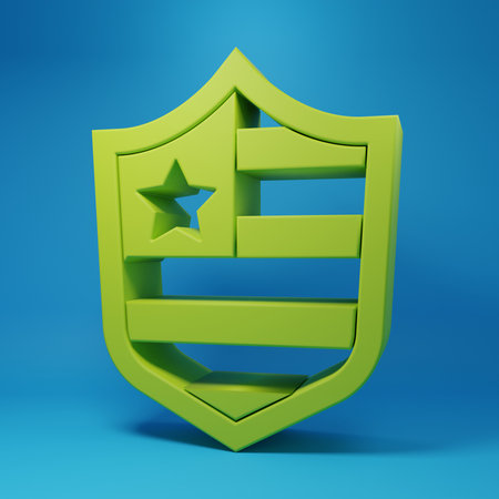Green Shield with stars and stripes icon isolated on blue background. United States of America country flag. 4th of July. USA Independence day. Minimalism concept. 3D render illustration.の写真素材