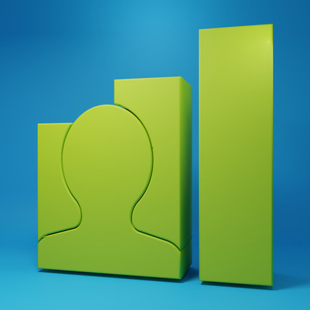 Green Productive human icon isolated on blue background. Idea work, success, productivity, vision and efficiency concept. Minimalism concept. 3D render illustration.の写真素材