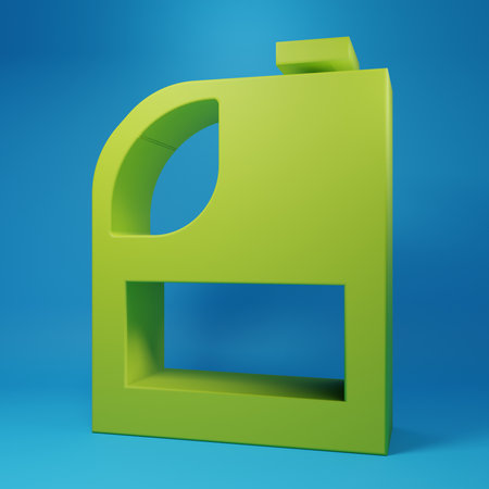 Green Canister for motor machine oil icon isolated on blue background. Oil gallon. Oil change service and repair. Engine oil sign. Minimalism concept. 3D render illustration.の写真素材