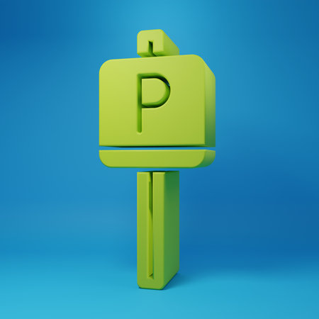 Green Parking icon isolated on blue background. Street road sign. Minimalism concept. 3D render illustration.の写真素材