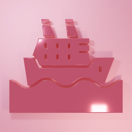 Pink Cruise ship in ocean icon isolated on pink background. Cruising the world. Minimalism concept. 3D render illustration.の写真素材