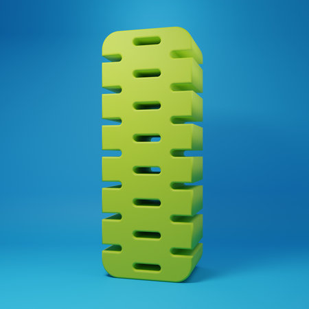Green Car tire wheel icon isolated on blue background. Minimalism concept. 3D render illustration.の写真素材